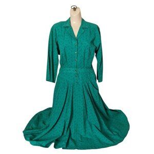 Vintage Fit & Flare Midi Dress Snap Front Green Blue Floral Cotton Cottagecore 6
